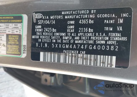 2015 Kia Optima Lx from USA, damaged, VIN 5XXGM4A74FG400382